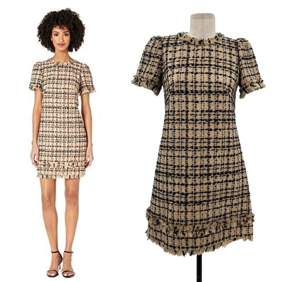 kate spade Dresses & Skirts - Kate Spade Two-Tone Tweed Dress Shift‎ Mini Check Plaid Tan Black Size US 2